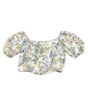 NEW Sigrid Olsen Ivory Floral Linen-blend Crop Peasant Top US S